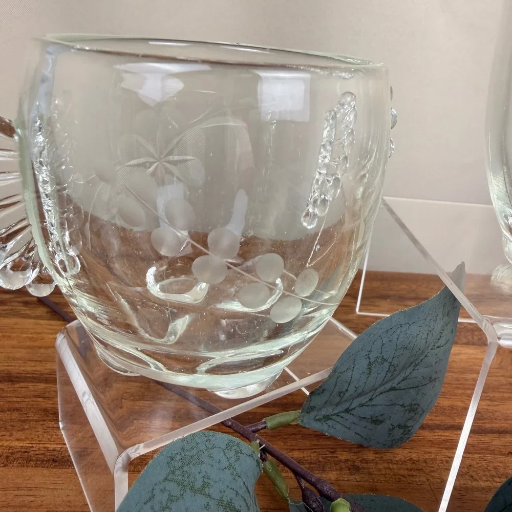 Paden City Gazebo Glass Creamer and Sugar Set Vintage Etched Floral Wing Handles